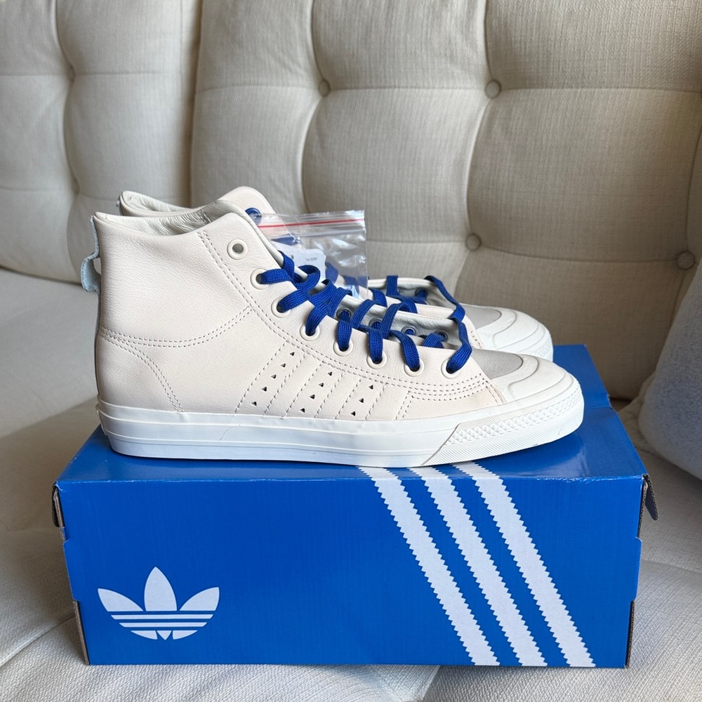 Adidas Pharrell PW Nizza Cream High-Tops with Blue Accents 9.5 43 1/3